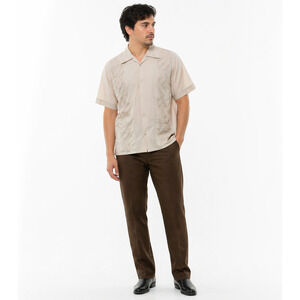 Vintage 70s Men's Small Calez Taupe Guayabera Shirt Embroidered 4 Pocket